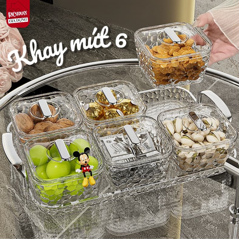 Khay Mứt 6 Ngăn Nhựa Cao Cấp Có Nắp, Khay Đựng Bánh Kẹo, Hạt, Trái Cây Khô Sang Trọng
