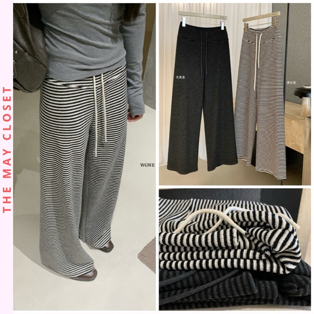 𝑨𝒏𝒏 𝑺𝒕𝒖𝒅𝒊𝒐𝐖𝐆𝐖𝐄 Quần Nỉ Suông Dài Nữ Kẻ Sọc 8151, Quần Nỉ Ống Rộng Mặt Ngoài Lông Lưng Chun Dây Rút Eo
