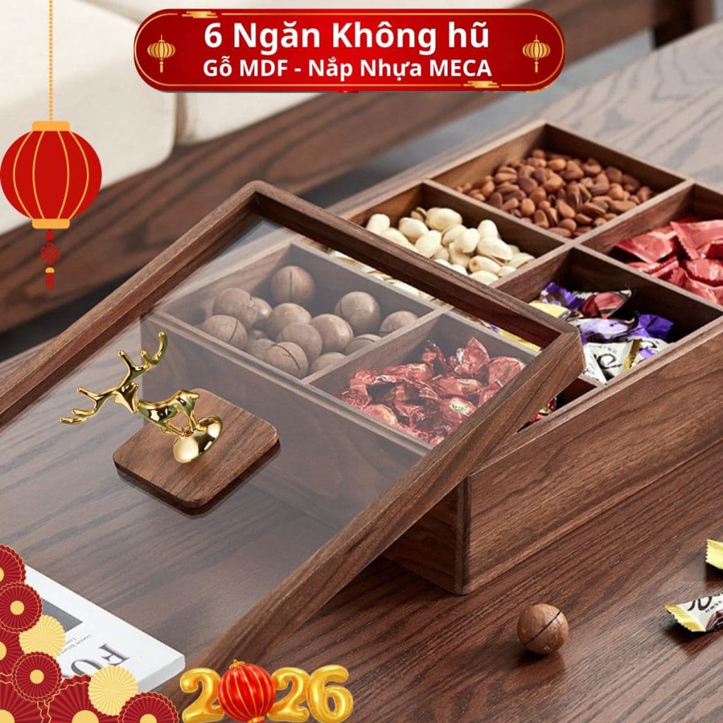 Khay Mứt Đựng Bánh Kẹo Chất Liệu Gỗ MDF Cao Cấp An Toàn Có 6 Ngăn Kín Sang Trọng Lịch Sự