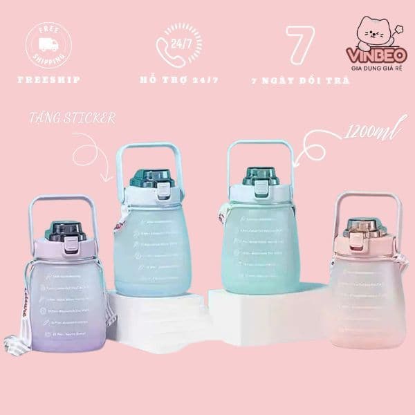 Bình nước thể thao đi du lịch, 1,2,lít [ TẶNG STICKER ] Bình Đựng Nước KUTE - Bình Nước có vòi hút VINBEO
