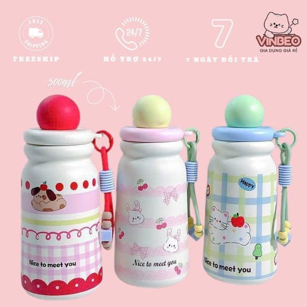 Bình giữ nhiệt nhỏ gọn dung tích 500ml , Ly giữ nhiệt dễ thương bằng inox 316 không gỉ -Bình nước giữ nhiệt VINBEO