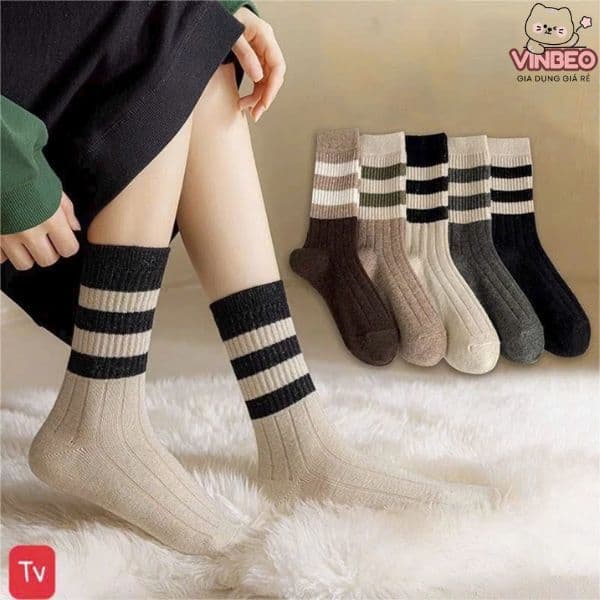 Tất Nữ - Set 10 Đôi Tất vớ nữ Cổ Cao Kiểu Dáng 3 Sọc Ngang Thấm Hút Mồ Hôi Thoáng Mát VINBEO