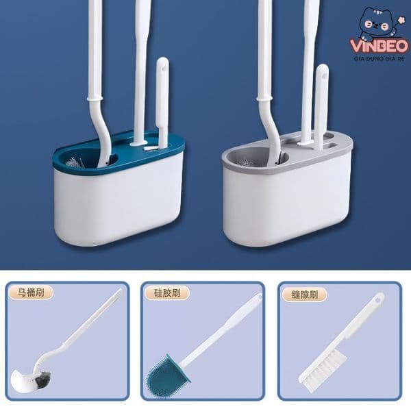 Bộ 3 Bàn Chải Vệ Sinh Toilet Cán Dài 360 Độ - Set 3 Bàn Chải Silicone Treo Tường Dùng Vệ Sinh Nhà Tắm Tiện Dụng VINBEO