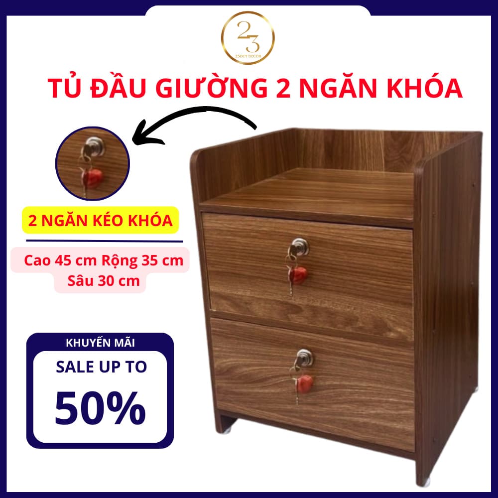 Tủ Đầu Giường 2 Ngăn Kéo Có Khoá Gỗ MDF Cao Cấp - Kệ Đầu Giường Có Ngăn Khoá 2 Ngăn Kéo Tiện Dụng và Sang Trọng
