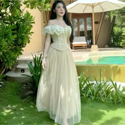 Set áo gấm cánh tiên trễ vai đan dây corset eo phối chân váy maxi tơ lưới bồng bềnh 3