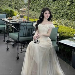Set áo gấm cánh tiên trễ vai đan dây corset eo phối chân váy maxi tơ lưới bồng bềnh 4