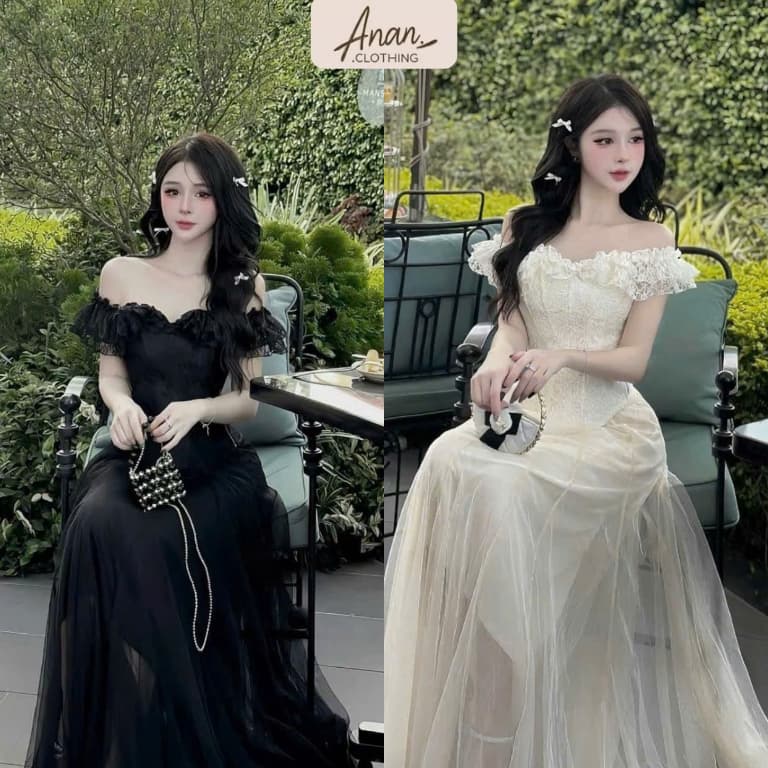Set áo gấm cánh tiên trễ vai đan dây corset eo phối chân váy maxi tơ lưới bồng bềnh