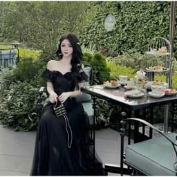Set áo gấm cánh tiên trễ vai đan dây corset eo phối chân váy maxi tơ lưới bồng bềnh 2