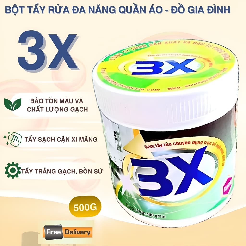 Kem Tẩy Rửa Gạch Men Đa Năng 3X 500g – Tẩy Ố Vàng, Mốc Đen, Cặn Bẩn Cứng Đầu