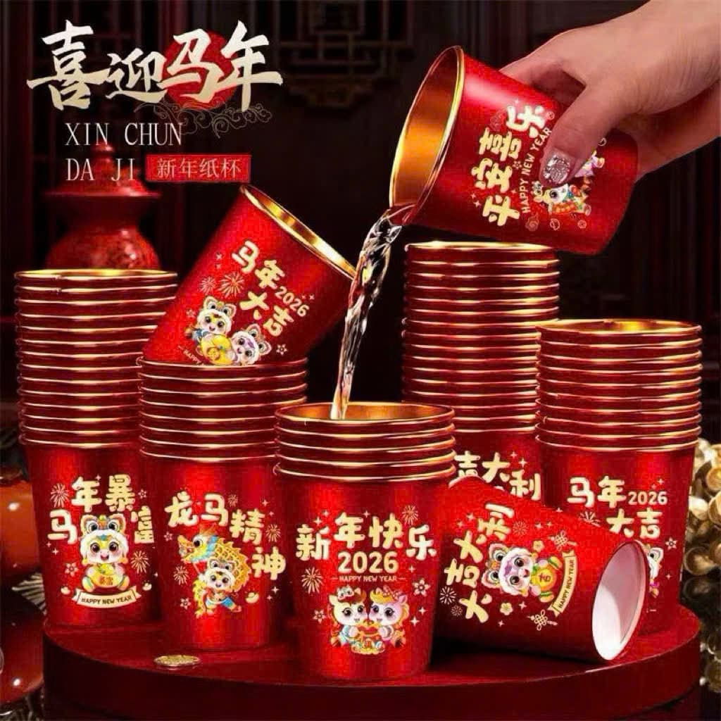Combo 50 Ly Giấy Đỏ Tết Dùng 1 Lần Đẹp Mắt Hoạ Tiết Chúc Mừng Năm Mới 🍀🍀🍀