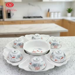 Bộ bát đĩa cúng gia tiên hoa mặt trời Sứ Minh Châu cao cấp - Họa tiết hoa sen cá chép đỏ (Hoa 57) 2
