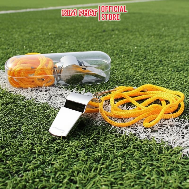 Còi thổi trọng tài INOX có dây buộc, hộp đựng gọn gàng
