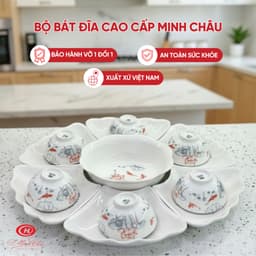 Bộ bát đĩa cúng gia tiên hoa mặt trời Sứ Minh Châu cao cấp - Họa tiết hoa sen cá chép đỏ (Hoa 57) 1