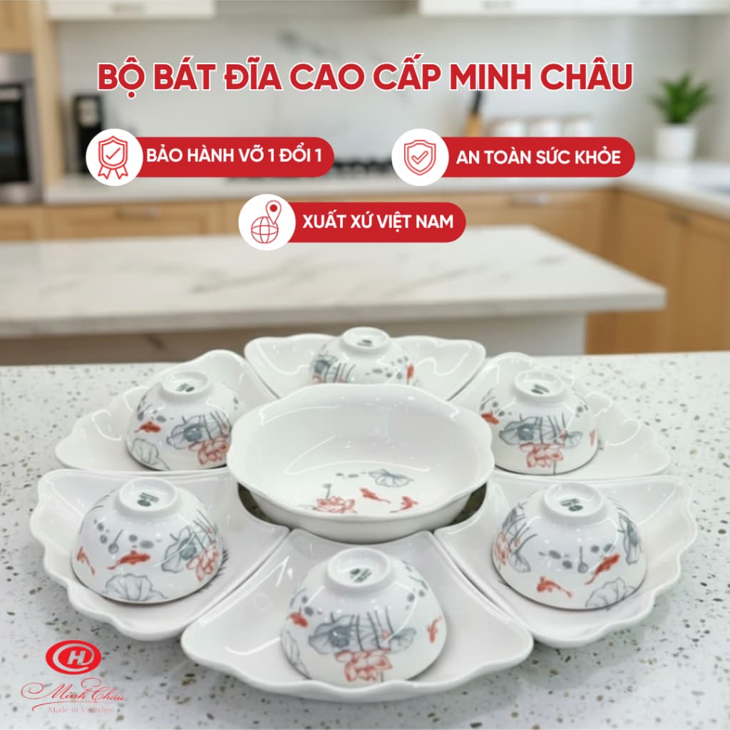 Bộ bát đĩa cúng gia tiên hoa mặt trời Sứ Minh Châu cao cấp - Họa tiết hoa sen cá chép đỏ (Hoa 57)