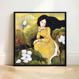 Tranh treo tường in canvas cô gái bên hoa sen khung cao cấp 2cm theo yêu cầu 1