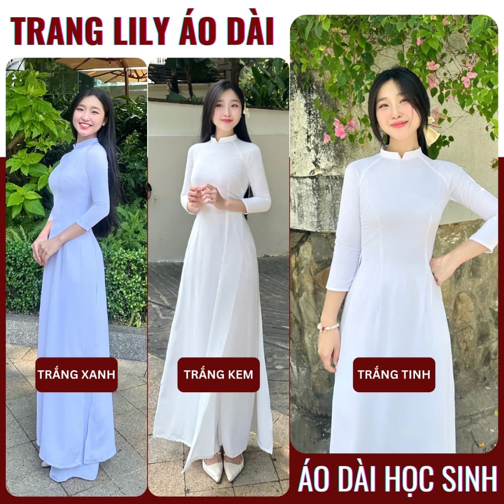 Áo dài trắng đồng phục học sinh cấp 3, chụp kỉ yếu, cổ V 2cm, tay lỡ, lụa mỹ, áo dài đi học may sẵn - Áo Dài Thăng Long