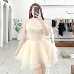 Đầm kem lệch vai nơ, váy xoè dự tiệc, đi chơi nữ sang chảnh Xukadress 3