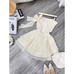 Đầm kem lệch vai nơ, váy xoè dự tiệc, đi chơi nữ sang chảnh Xukadress 8