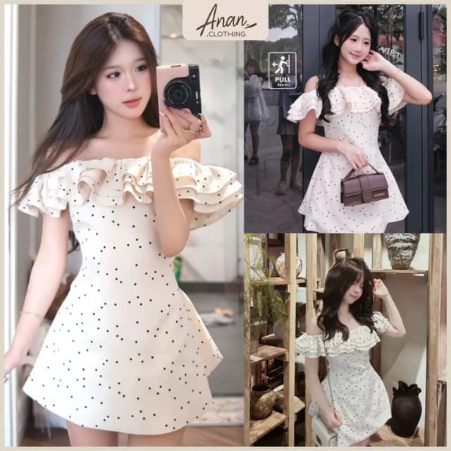 Váy trễ vai tầng bèo chấm bi, dáng A ngắn xoè nhẹ, vibe tiểu thư nhẹ nhàng - Ananclothing