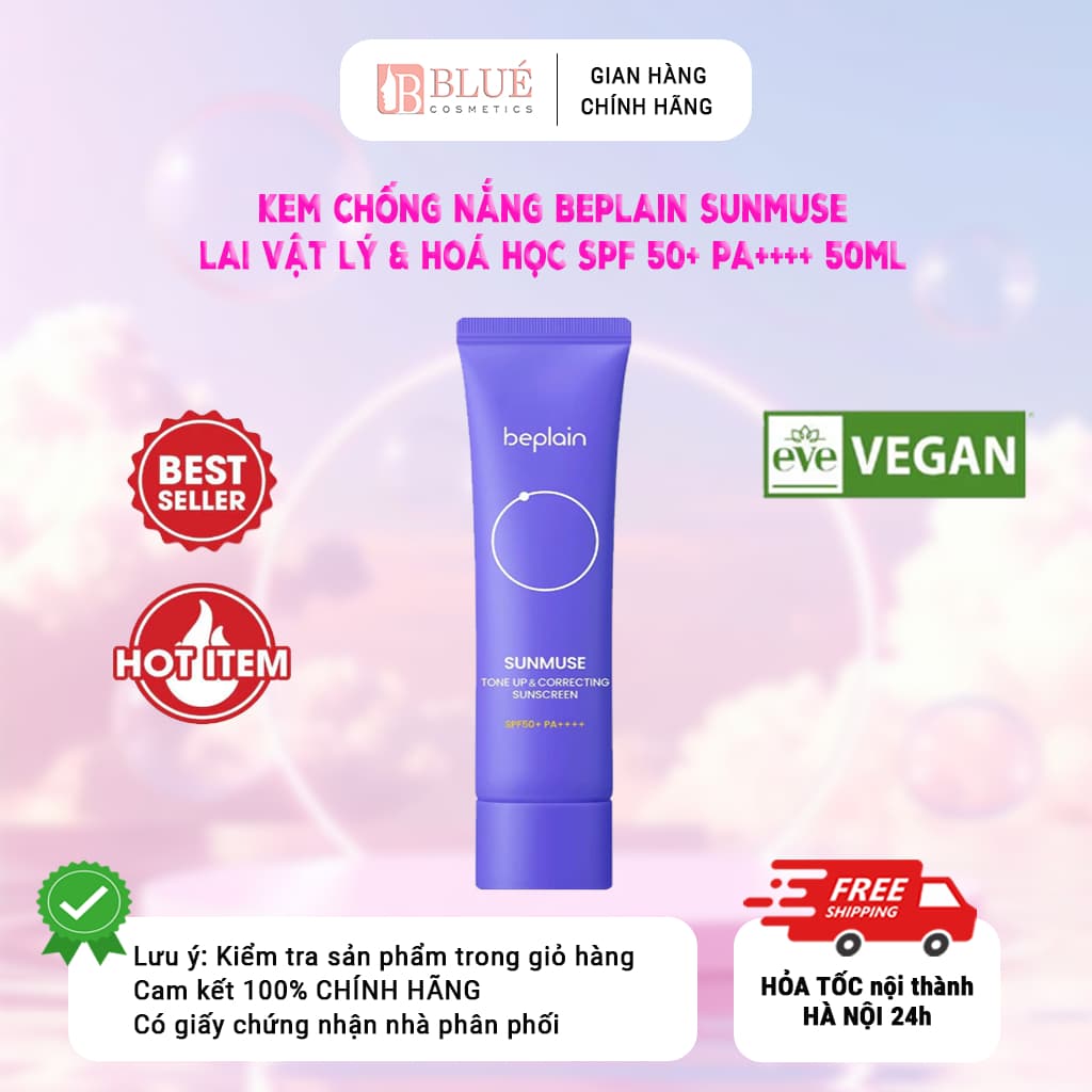 Kem chống nắng BEPLAIN Sunmuse lai Vật Lý & Hoá Học Nâng Tone & Hiệu chỉnh da SPF 50+ PA++++ 50ml