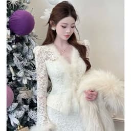 Xukadress_set ren trắng viền lông thỏ, set ren trắng xịn xò, set ren sang chảnh dự tiệc 5