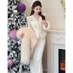 Xukadress_set ren trắng viền lông thỏ, set ren trắng xịn xò, set ren sang chảnh dự tiệc 6