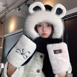Mũ kèm Khăn Găng Tay 3in1 Dày Sang Trọng Dễ Thương Tai Thỏ Nữ, Mũ Mùa Đông Ấm Áp. Mũ Lông Chùm Đầu Găng Tay Xỏ Nơ 2