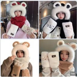 Mũ kèm Khăn Găng Tay 3in1 Dày Sang Trọng Dễ Thương Tai Thỏ Nữ, Mũ Mùa Đông Ấm Áp. Mũ Lông Chùm Đầu Găng Tay Xỏ Nơ 3
