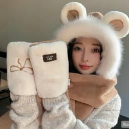 Mũ kèm Khăn Găng Tay 3in1 Dày Sang Trọng Dễ Thương Tai Thỏ Nữ, Mũ Mùa Đông Ấm Áp. Mũ Lông Chùm Đầu Găng Tay Xỏ Nơ 4