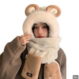 Mũ kèm Khăn Găng Tay 3in1 Dày Sang Trọng Dễ Thương Tai Thỏ Nữ, Mũ Mùa Đông Ấm Áp. Mũ Lông Chùm Đầu Găng Tay Xỏ Nơ 5