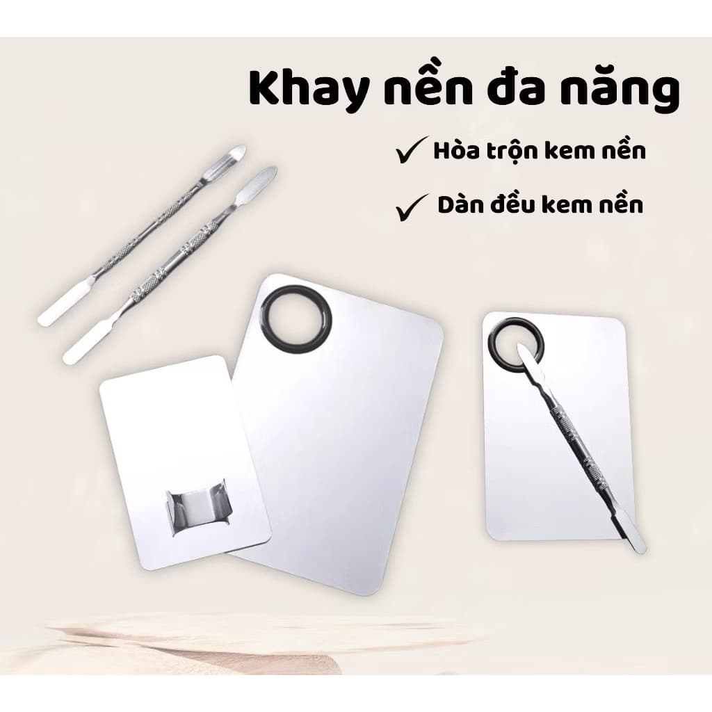 Khay trộn nền, Dụng cụ trang điểm mix kem nền, pha son đa năng bằng thép chống gỉ kèm que trộn