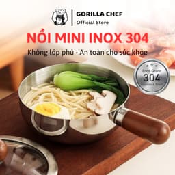 Nồi inox mini 14cm inox 304 Gorilla Chef phù hợp nấu 1 gói mì, luộc trứng, nấu cháo, Tay Cầm Chắc Chắn 1