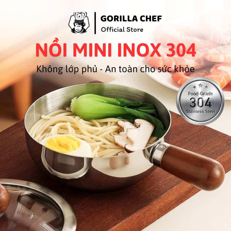 Nồi inox mini 14cm inox 304 Gorilla Chef phù hợp nấu 1 gói mì, luộc trứng, nấu cháo, Tay Cầm Chắc Chắn