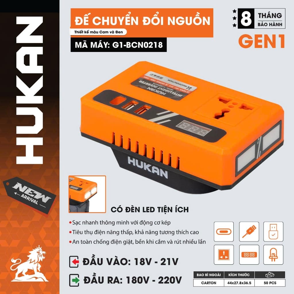 [Có đèn LED] Đế chuyển đổi nguồn HUKAN G1-BCN0218, Chuyển từ 21v lên 180v~220v - Chân pin phổ thông
