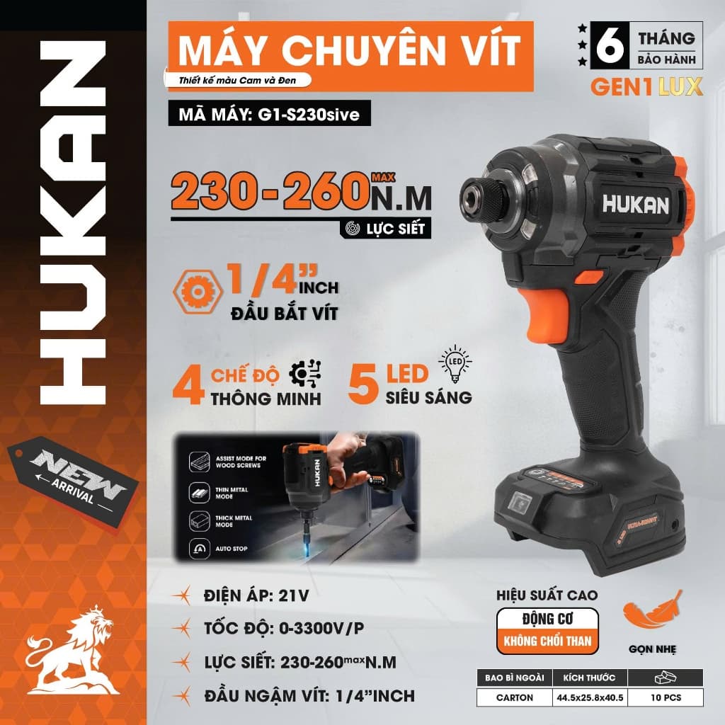 Thân máy chuyên vít búa cải tiến HUKAN G1-S230sive, Lực siết 230-260Nm MAX, 4 tốc độ, 4 chế độ