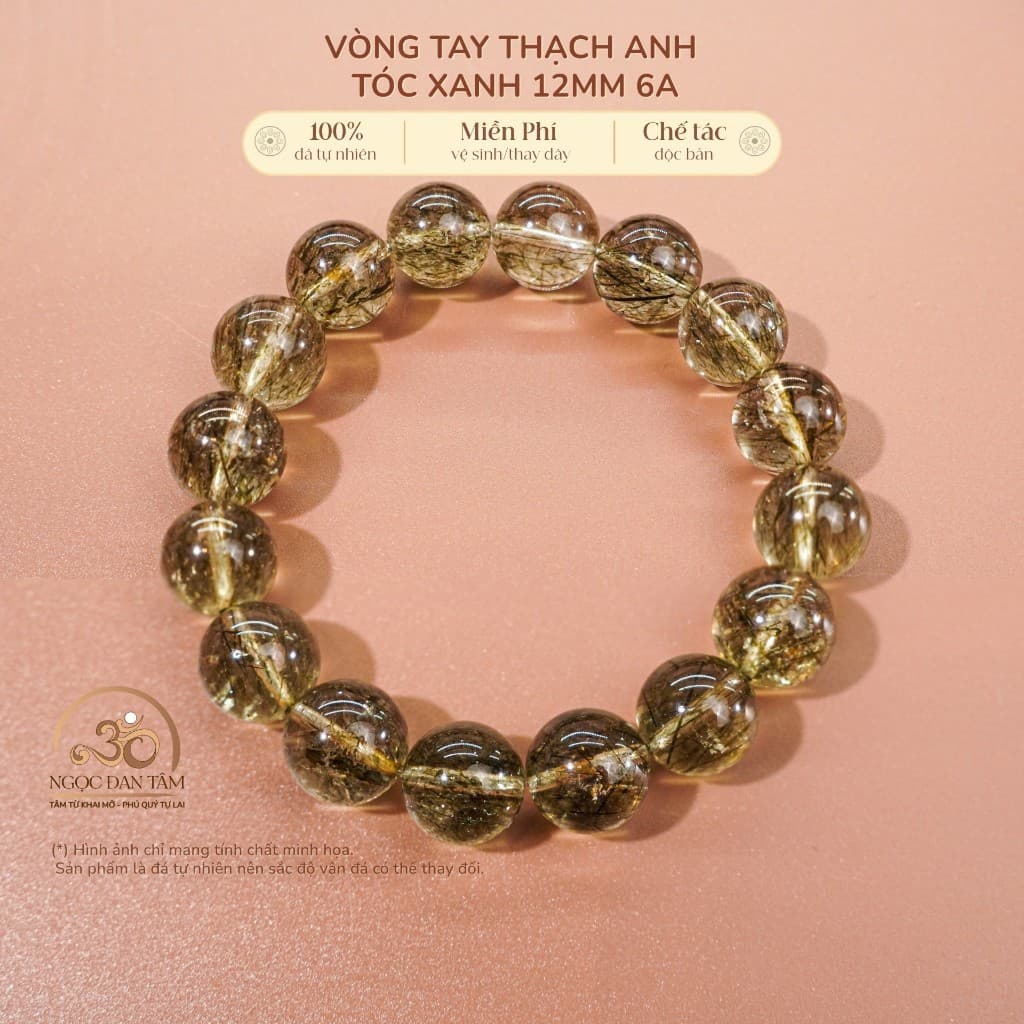 Ngọc Đan Tâm - Vòng Tay Thạch Anh Tóc Xanh 12mm 6A - Mệnh Mộc & Mệnh Hoả