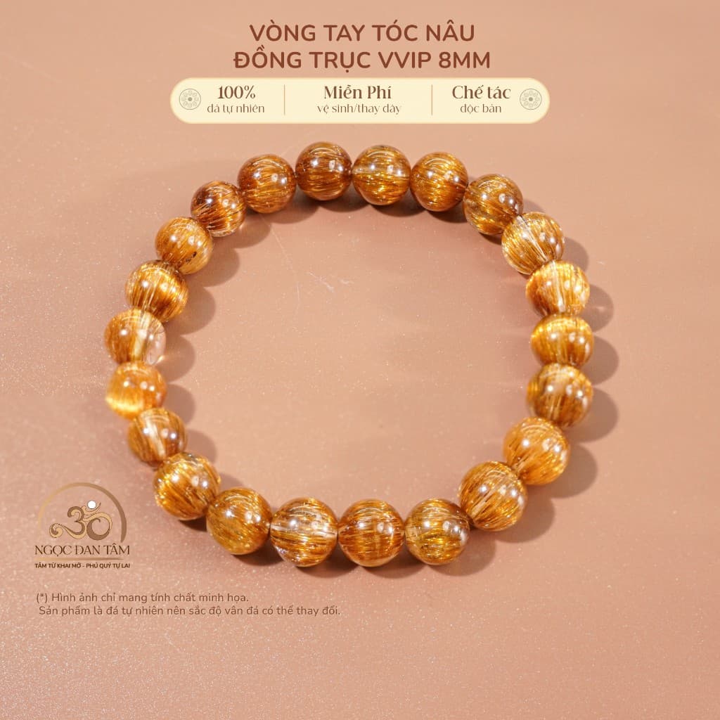 Ngọc Đan Tâm - Vòng Tay Tóc Nâu Đồng Trục VVIP 8mm - Mệnh Thổ & Mệnh Kim