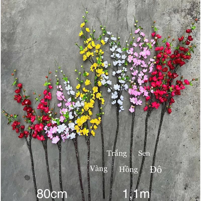 Cành Hoa Mai Cổ Trang Trí Tết, 1 Cành Cao 90cm, 5 Nhánh Nhiều Hoa Lụa, Cành Đào Nhật Giả Cao Cấp