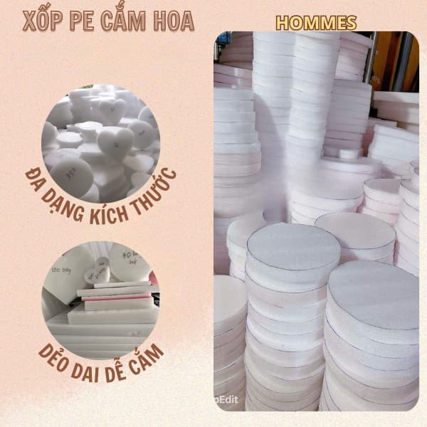 Xốp PE, xốp dẻo cắm hoa, nhiều độ dày 5cm nhiều kích thước, Phôi tim tròn hoa sáp