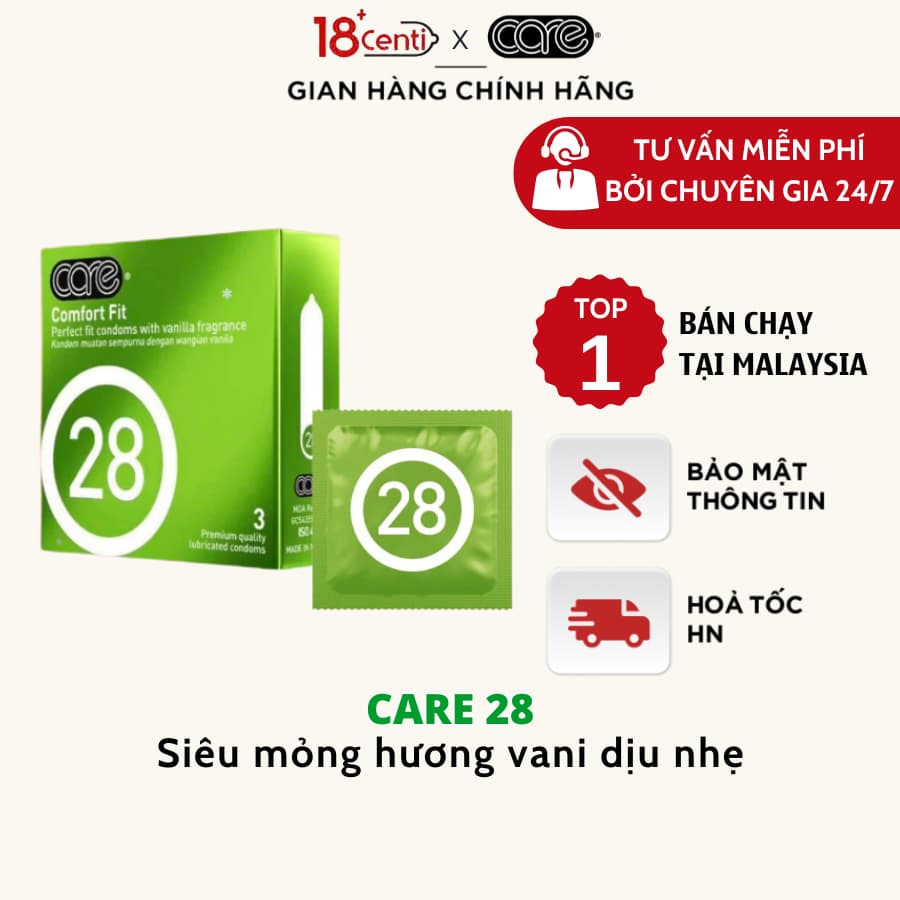 Bao Cao Su Mỏng Trơn CARE 28 Hương Vani Nhiều Gel Bôi Trơn, Kéo Dài Thời Gian CARE LATEX -18centi