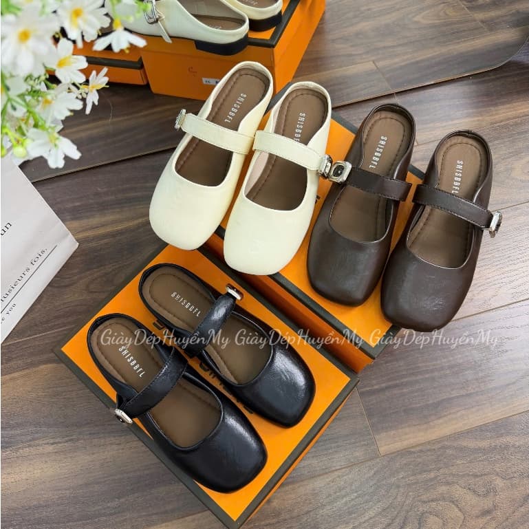 [ Giày Dép Huyền My ] Giày sục nữ da mềm quai ngang phối khuy bạc hàng cao cấp full hộp - LT57