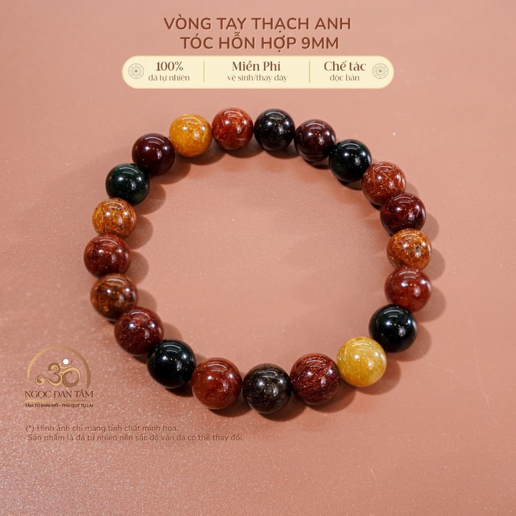 Ngọc Đan Tâm - Vòng Tay Thạch Anh Tóc Hỗn Hợp 9mm 5A -  Đa Mệnh