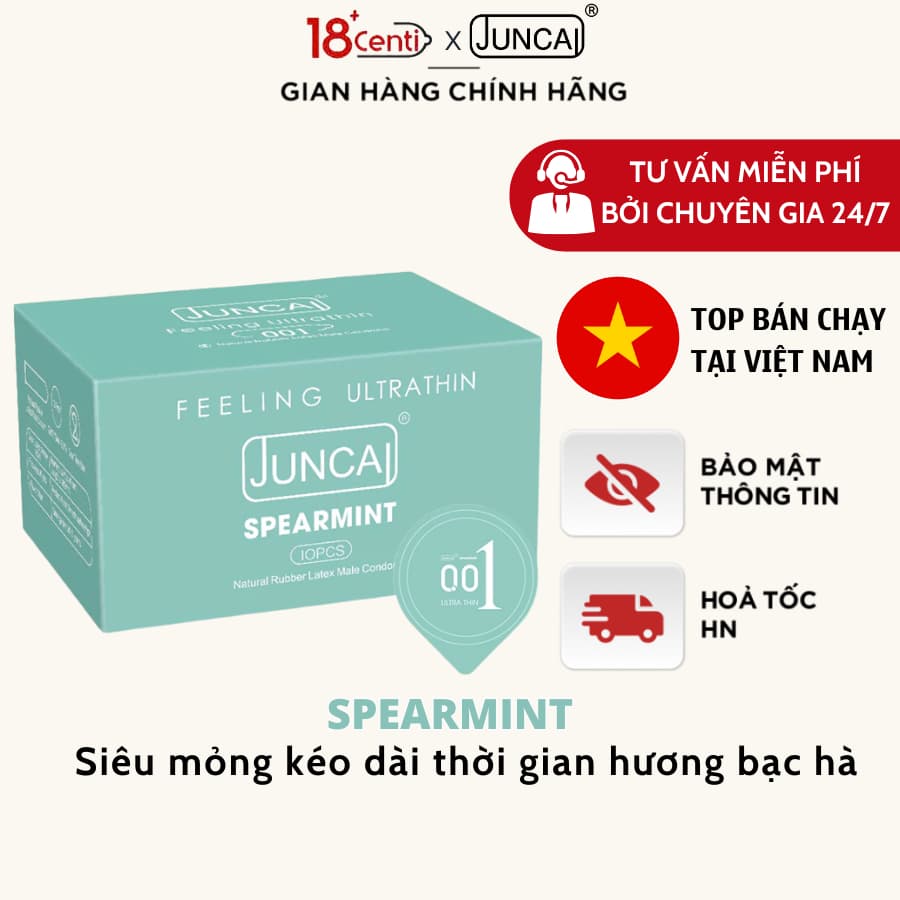 Bao cao su Juncai Kéo dài thời gian siêu mỏng Spearmint nhiều gel bôi trơn hương bạc hà, hộp 10 bcs