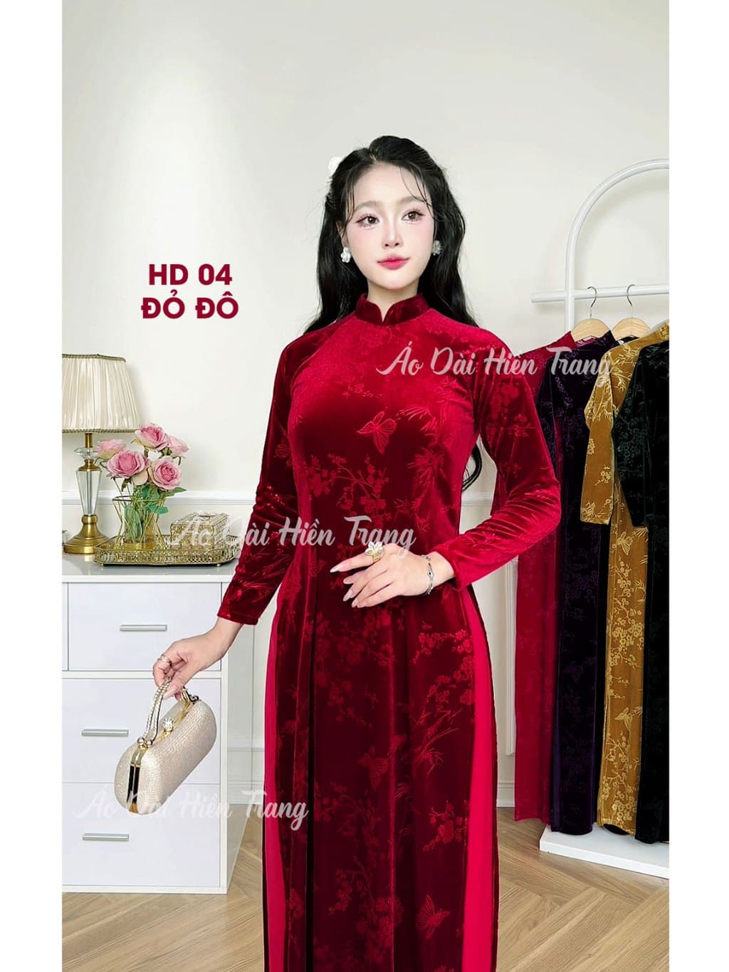 Áo Dài Truyền Thống Cho Mẹ Vải Nhung Tuyết Dập Hoa Chìm Cao Cấp, Áo Dài 2 Tà, Cổ Cao 2cm, Áo dài Hiền Trang