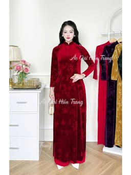 Áo Dài Truyền Thống Cho Mẹ Vải Nhung Tuyết Dập Hoa Chìm Cao Cấp, Áo Dài 2 Tà, Cổ Cao 2cm, Áo dài Hiền Trang 5