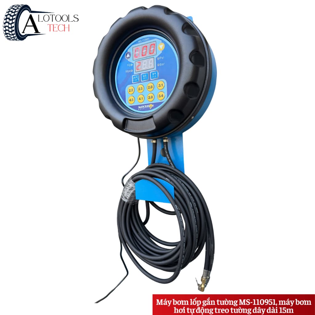 Máy bơm lốp gắn tường MS-110951, máy bơm hơi tự động treo tường dây dài 15m, bơm lốp điện tử