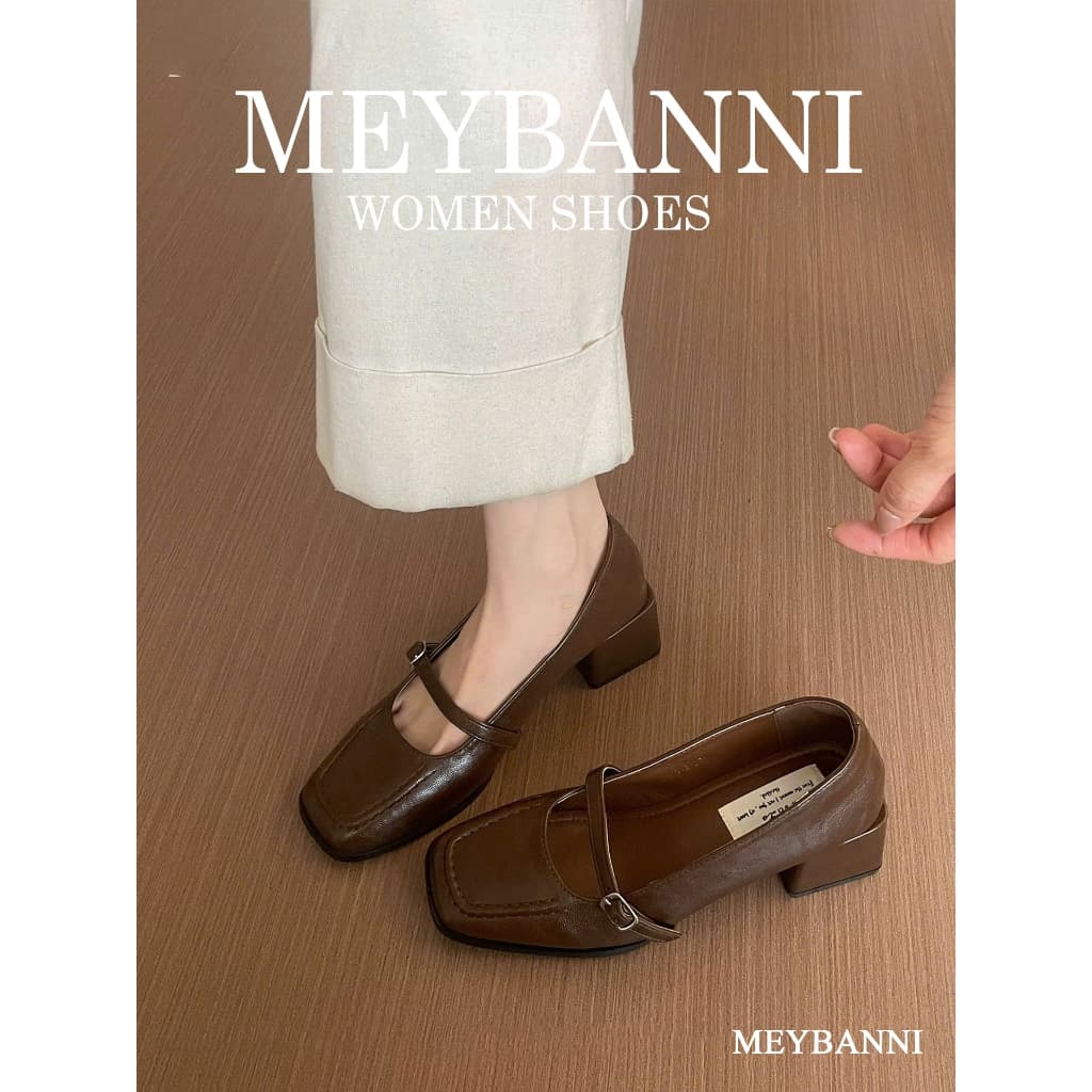 Giày Cao Gót MEYBANNI Mũi Vuông Quai Ngang Đế Cao 4cm Thanh Lịch - D909