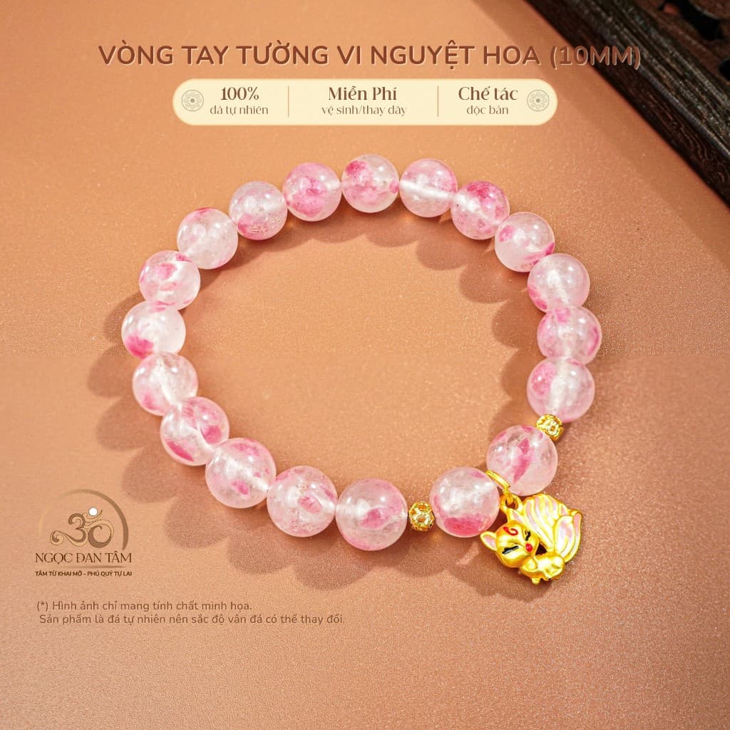 Ngọc Đan Tâm - Vòng Tay Tường Vi Nguyệt Hoa 10mm 5A Phối Charm Cửu Vỹ Hồ - Mệnh Hoả & Mệnh Thổ