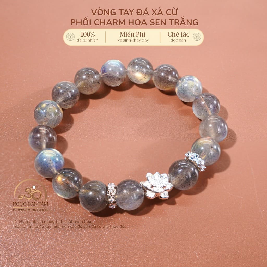 Ngọc Đan Tâm - Vòng Tay Đá Xà Cừ 10mm 5A Phối Charm Hoa Sen Bạc - Mệnh Kim & Mệnh Thuỷ