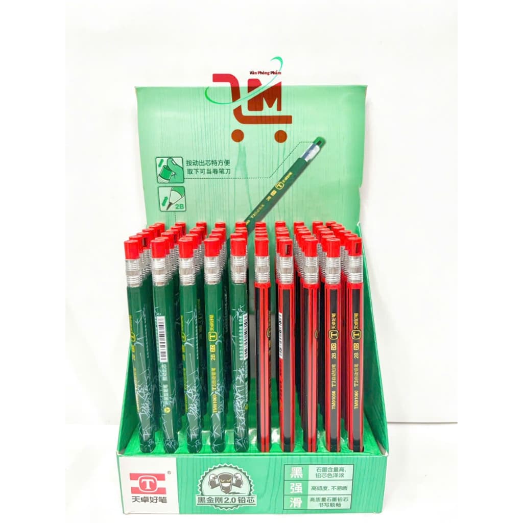 Hộp 60 Cây Bút Chì Bấm TM01060 Ngòi 2MM.Nét Viết Đậm, Mềm, Dễ Viết, Dễ Lau Xoá,Lõi To, Gọt Chì Tích Hợp Đầu Bút
